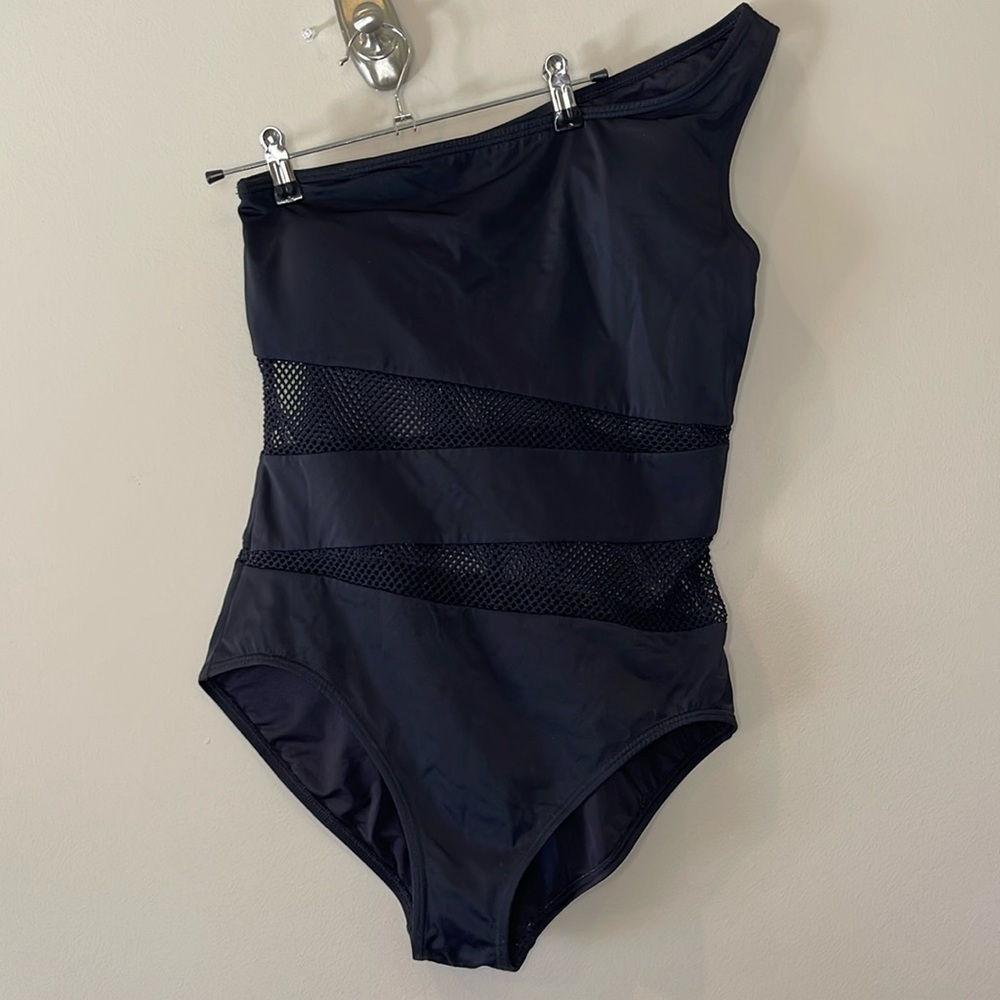 One shoulder Black Mesh Carmen Marc Valvo Swim Bathingsuit, size 14